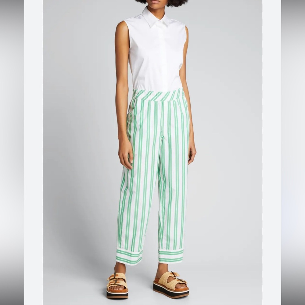 Green Striped Women's Pants Pull On Cotton